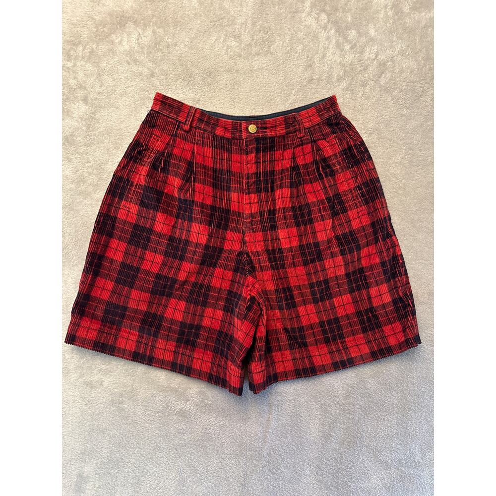 VTG Plaid Corduroy Bermuda Mom Jorts Shorts 10 Red Black Tartan Classic Preppy